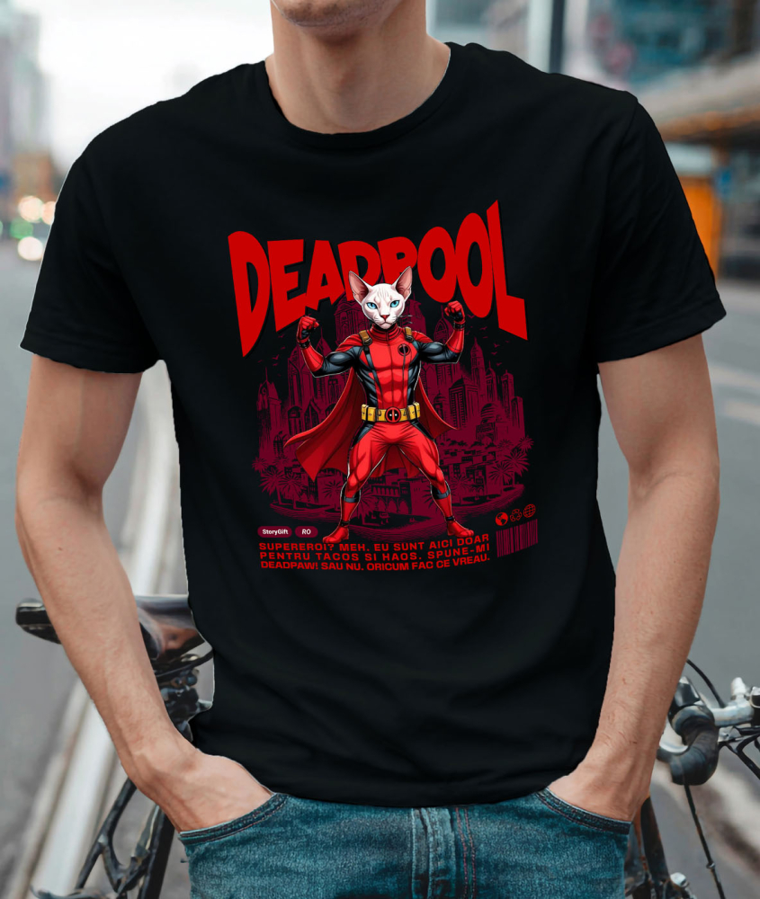 Tricou Femei, Barbati, Copii, Fata, Baiat, Unisex Personalizat Pisică Sphynx în Costum Deadpool – Supererou Haioș pentru Iubitorii de Animale [2]