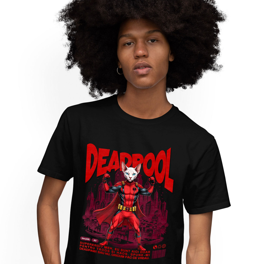 Tricou Femei, Barbati, Copii, Fata, Baiat, Unisex Personalizat Pisică Sphynx în Costum Deadpool – Supererou Haioș pentru Iubitorii de Animale [1]