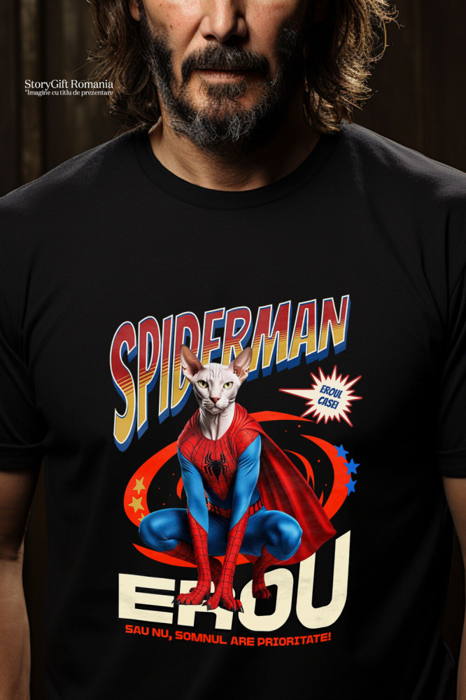 Tricou Femei, Barbati, Copii, Fata, Baiat, Unisex Personalizat Pisică Sphynx în Costum Spider-Man cu Pelerină - Cadou Personalizat pentru Iubitorii de Pisici și Copii [2]