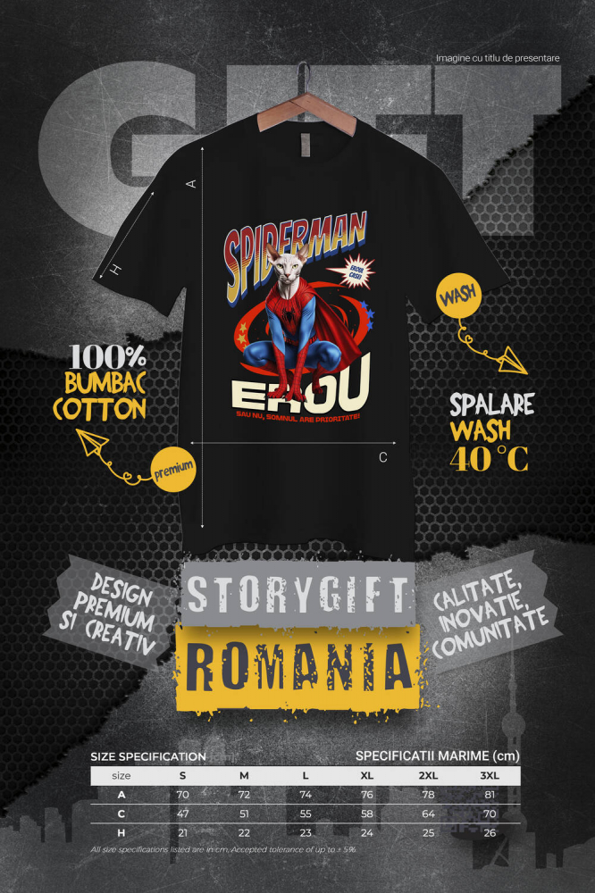 Tricou Femei, Barbati, Copii, Fata, Baiat, Unisex Personalizat Pisică Sphynx în Costum Spider-Man cu Pelerină - Cadou Personalizat pentru Iubitorii de Pisici și Copii [4]
