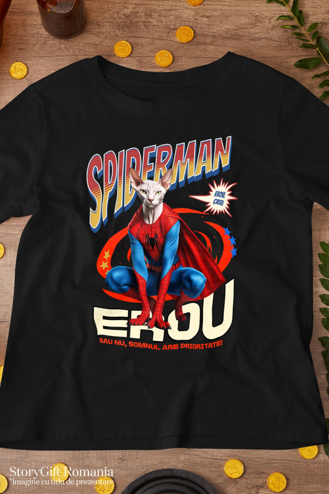 Tricou Femei, Barbati, Copii, Fata, Baiat, Unisex Personalizat Pisică Sphynx în Costum Spider-Man cu Pelerină - Cadou Personalizat pentru Iubitorii de Pisici și Copii [3]