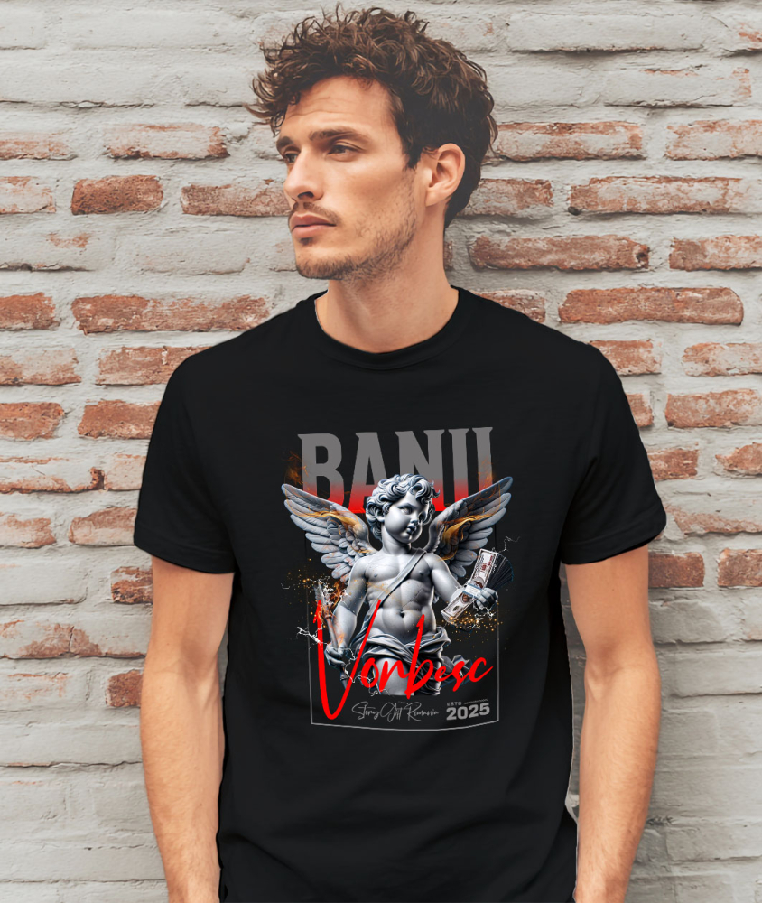 Tricou Femei, Barbati, Copii, Fata, Baiat, Unisex Personalizat Statuie Copil Înger cu Aripi și Teanc de Bancnote – „Banii Vorbesc” – Cadou Personalizat pentru Familie, Tati, Copii, Prieteni [2]