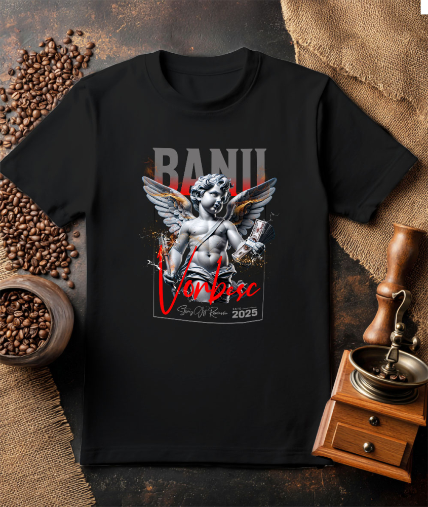 Tricou Femei, Barbati, Copii, Fata, Baiat, Unisex Personalizat Statuie Copil Înger cu Aripi și Teanc de Bancnote – „Banii Vorbesc” – Cadou Personalizat pentru Familie, Tati, Copii, Prieteni [3]