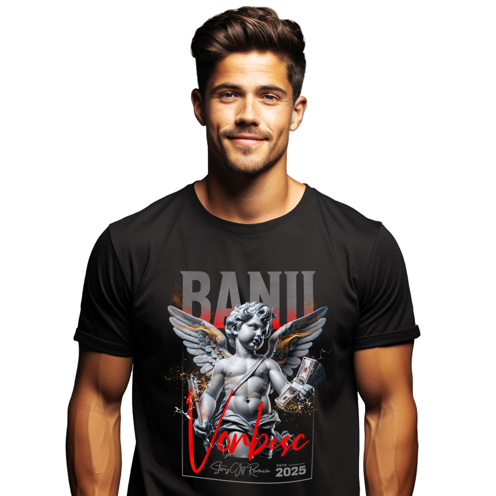 Tricou Femei, Barbati, Copii, Fata, Baiat, Unisex Personalizat Statuie Copil Înger cu Aripi și Teanc de Bancnote – „Banii Vorbesc” – Cadou Personalizat pentru Familie, Tati, Copii, Prieteni [1]