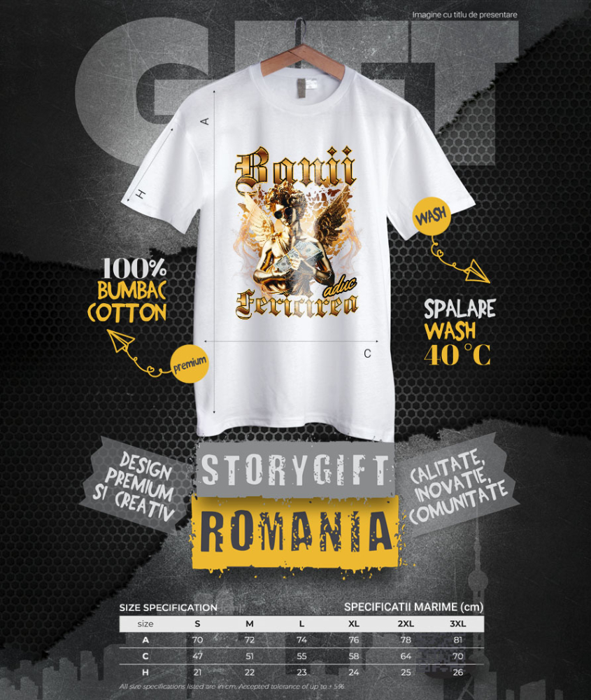 Tricou Femei, Barbati, Copii, Fata, Baiat, Unisex Personalizat Statuie de Aur cu Aripi și Ochelari de Soare - Cadou Motivațional Banii Aduc Fericire [4]