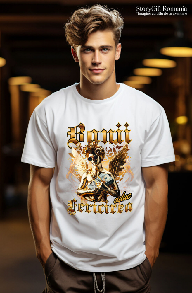 Tricou Femei, Barbati, Copii, Fata, Baiat, Unisex Personalizat Statuie de Aur cu Aripi și Ochelari de Soare - Cadou Motivațional Banii Aduc Fericire [2]