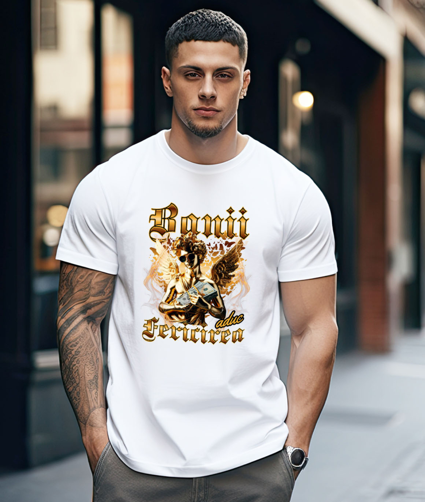 Tricou Femei, Barbati, Copii, Fata, Baiat, Unisex Personalizat Statuie de Aur cu Aripi și Ochelari de Soare - Cadou Motivațional Banii Aduc Fericire [2]