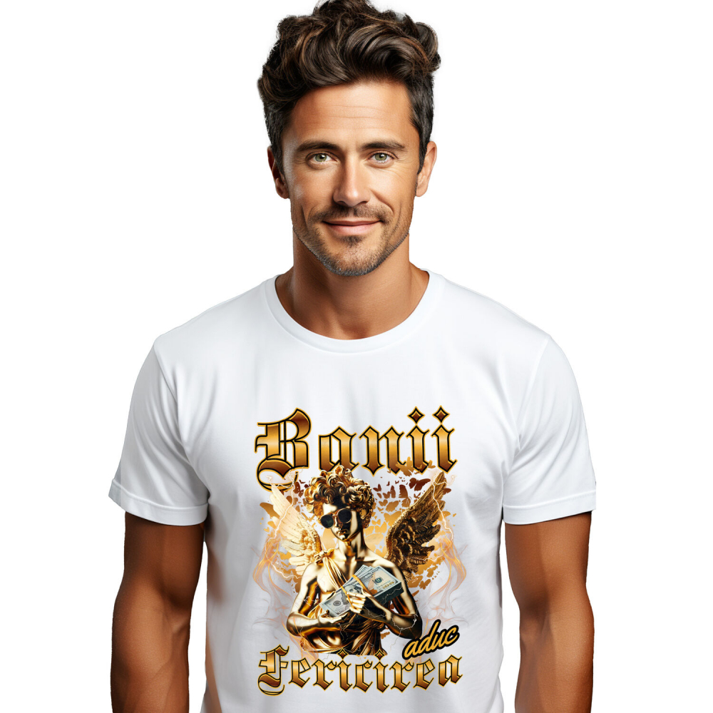 Tricou Femei, Barbati, Copii, Fata, Baiat, Unisex Personalizat Statuie de Aur cu Aripi și Ochelari de Soare - Cadou Motivațional Banii Aduc Fericire [1]