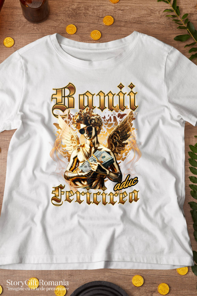 Tricou Femei, Barbati, Copii, Fata, Baiat, Unisex Personalizat Statuie de Aur cu Aripi și Ochelari de Soare - Cadou Motivațional Banii Aduc Fericire [3]
