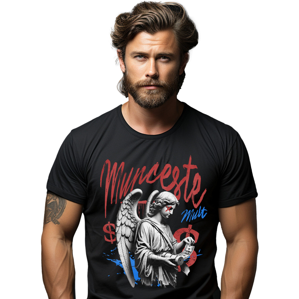 Tricou Femei, Barbati, Copii, Fata, Baiat, Unisex Personalizat Statuie Fata Cu Aripi Înger – Cadou Motivational „Munceste Mult” Cu Dolari [1]