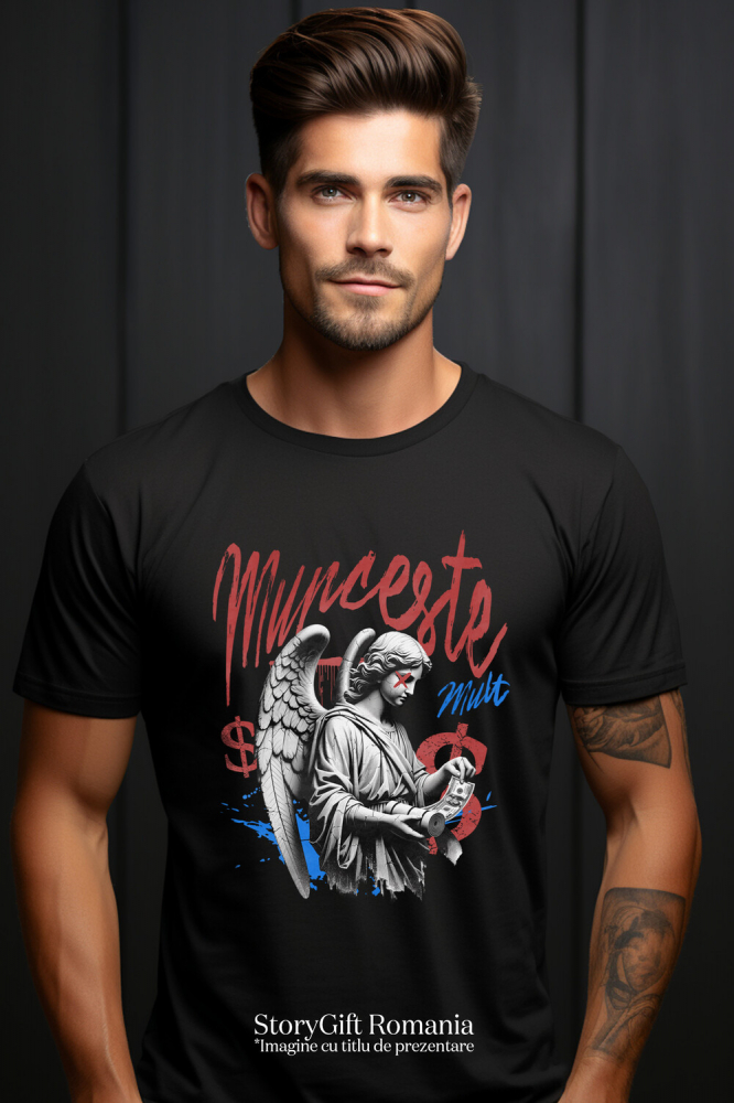 Tricou Femei, Barbati, Copii, Fata, Baiat, Unisex Personalizat Statuie Fata Cu Aripi Înger – Cadou Motivational „Munceste Mult” Cu Dolari [2]