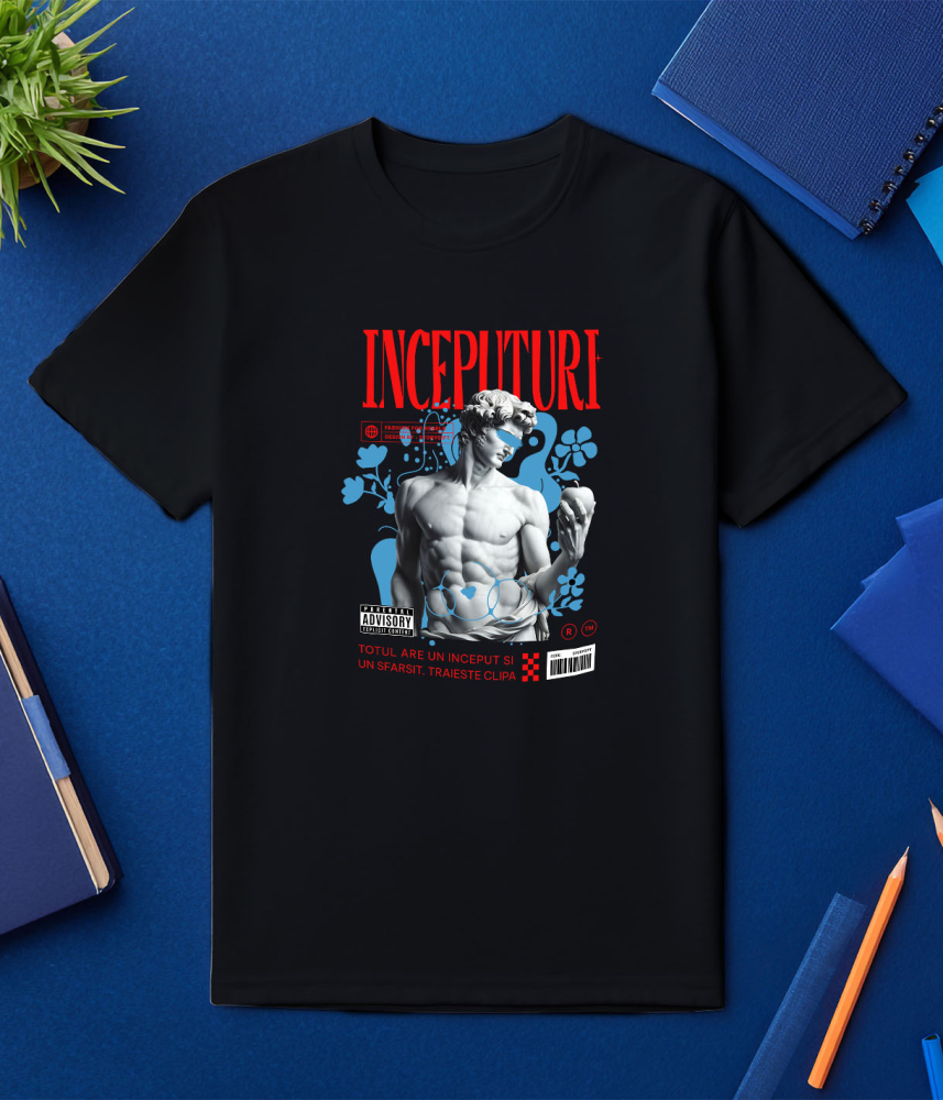 Tricou Femei, Barbati, Copii, Fata, Baiat, Unisex Personalizat Statuie Bust Masculin Cu Mar – Cadou Personalizat „Totul Are Un Început Și Un Sfârșit” [3]