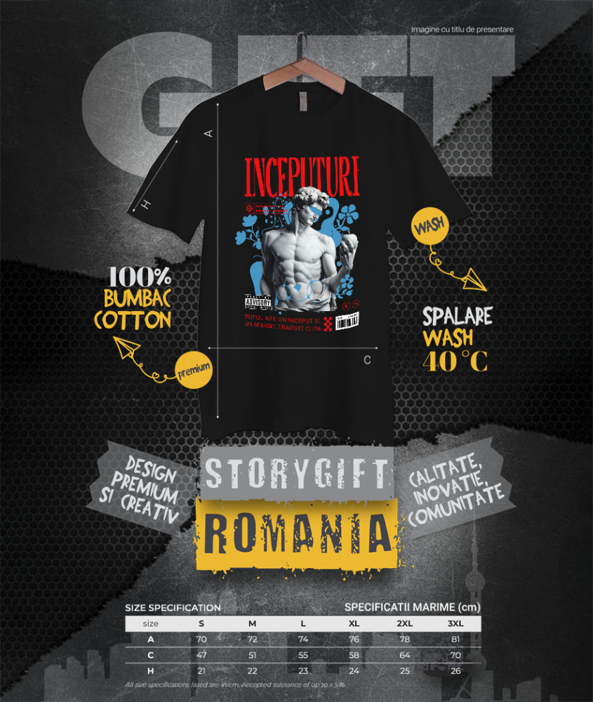 Tricou Femei, Barbati, Copii, Fata, Baiat, Unisex Personalizat Statuie Bust Masculin Cu Mar – Cadou Personalizat „Totul Are Un Început Și Un Sfârșit” [4]