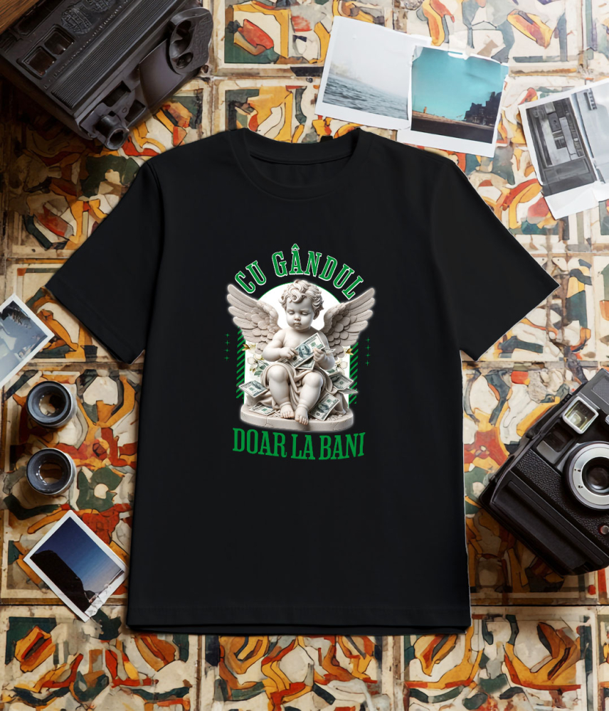 Tricou Femei, Barbati, Copii, Fata, Baiat, Unisex Personalizat Statuie Înger Bancnote Bani – „Cu Gândul Doar La Bani” – Cadou Personalizat pentru Familie, Tati, Copii, Prieteni [3]