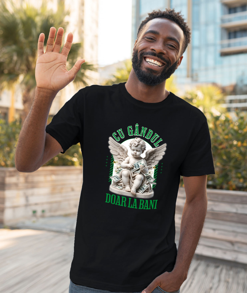 Tricou Femei, Barbati, Copii, Fata, Baiat, Unisex Personalizat Statuie Înger Bancnote Bani – „Cu Gândul Doar La Bani” – Cadou Personalizat pentru Familie, Tati, Copii, Prieteni [2]