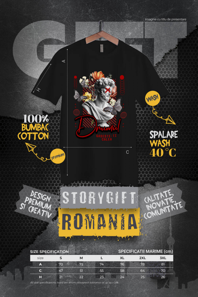 Tricou Femei, Barbati, Copii, Fata, Baiat, Unisex Personalizat Statuie Umană Bust Bărbătesc cu Fluturi și Flori - „Drumul Găsește-ți Calea” - Cadou Motivational [4]