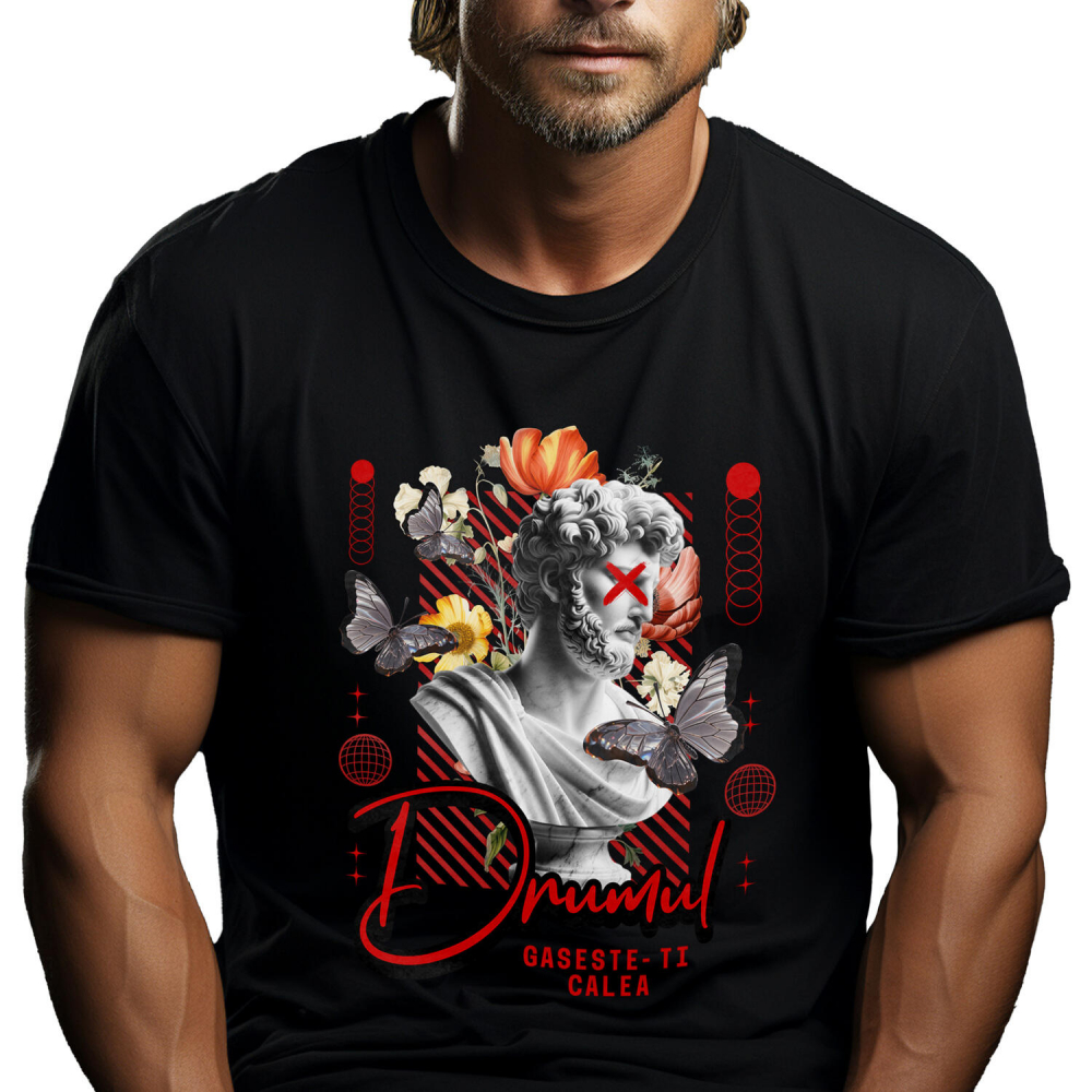 Tricou Femei, Barbati, Copii, Fata, Baiat, Unisex Personalizat Statuie Umană Bust Bărbătesc cu Fluturi și Flori - „Drumul Găsește-ți Calea” - Cadou Motivational [1]