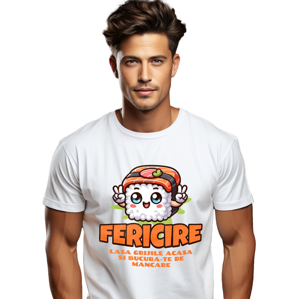 Tricou Femei, Barbati, Copii, Fata, Baiat, Unisex Personalizat Sushi personalizat cu semnul păcii și mesaj „Fericire, lasă grijile acasă” – Cadou perfect pentru iubitorii de mâncare asiatică [1]
