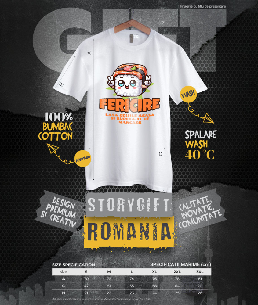 Tricou Femei, Barbati, Copii, Fata, Baiat, Unisex Personalizat Sushi personalizat cu semnul păcii și mesaj „Fericire, lasă grijile acasă” – Cadou perfect pentru iubitorii de mâncare asiatică [4]