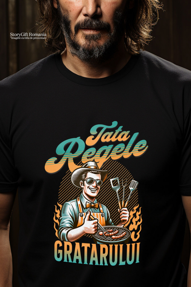 Tricou Femei, Barbati, Copii, Fata, Baiat, Unisex Personalizat Cadou personalizat pentru tata – Pălărie, ochelari, papion și instrumente pentru grătar – „Tata Regele” [2]