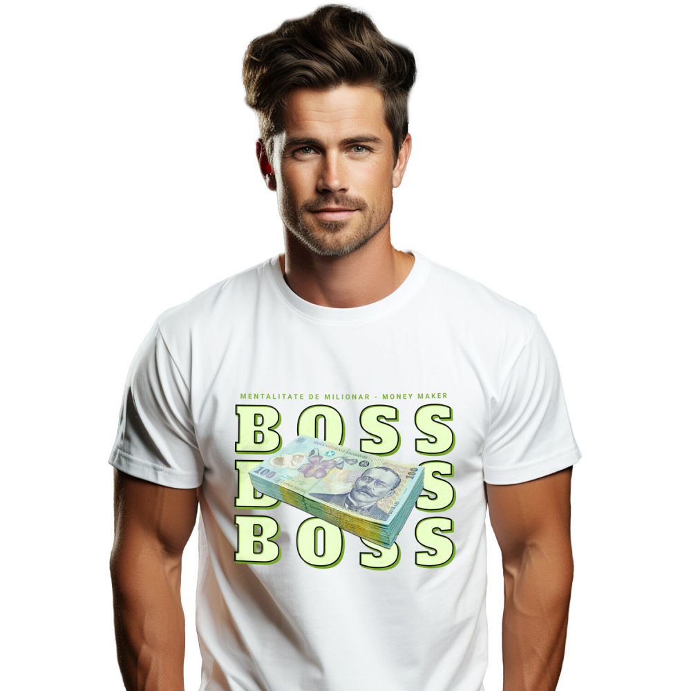 Tricou Femei, Barbati, Copii, Fata, Baiat, Unisex Personalizat Teanc Bancnote 100 Lei – „Masiv Boss, Mentalitate de Milionar” – Cadou Personalizat pentru Familie, Tati, Prieteni, România [1]