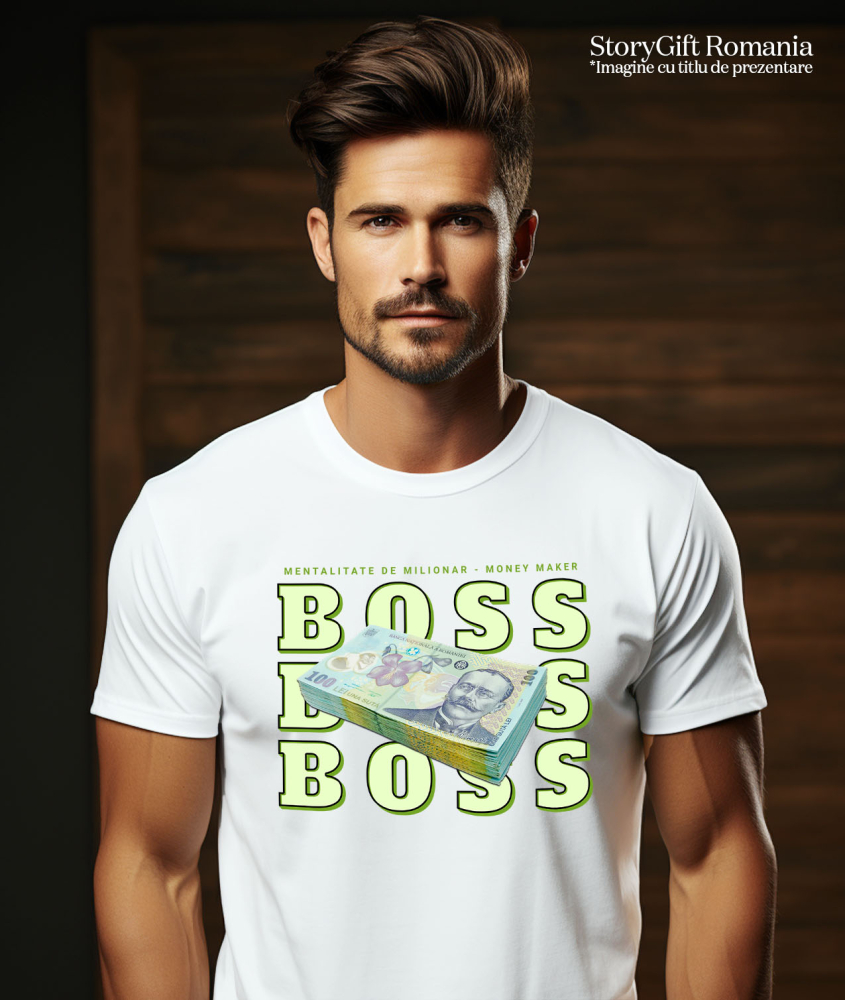 Tricou Femei, Barbati, Copii, Fata, Baiat, Unisex Personalizat Teanc Bancnote 100 Lei – „Masiv Boss, Mentalitate de Milionar” – Cadou Personalizat pentru Familie, Tati, Prieteni, România [2]