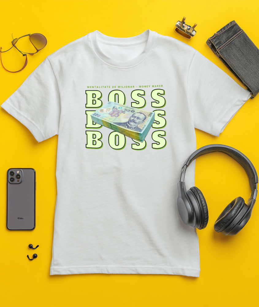 Tricou Femei, Barbati, Copii, Fata, Baiat, Unisex Personalizat Teanc Bancnote 100 Lei – „Masiv Boss, Mentalitate de Milionar” – Cadou Personalizat pentru Familie, Tati, Prieteni, România [3]