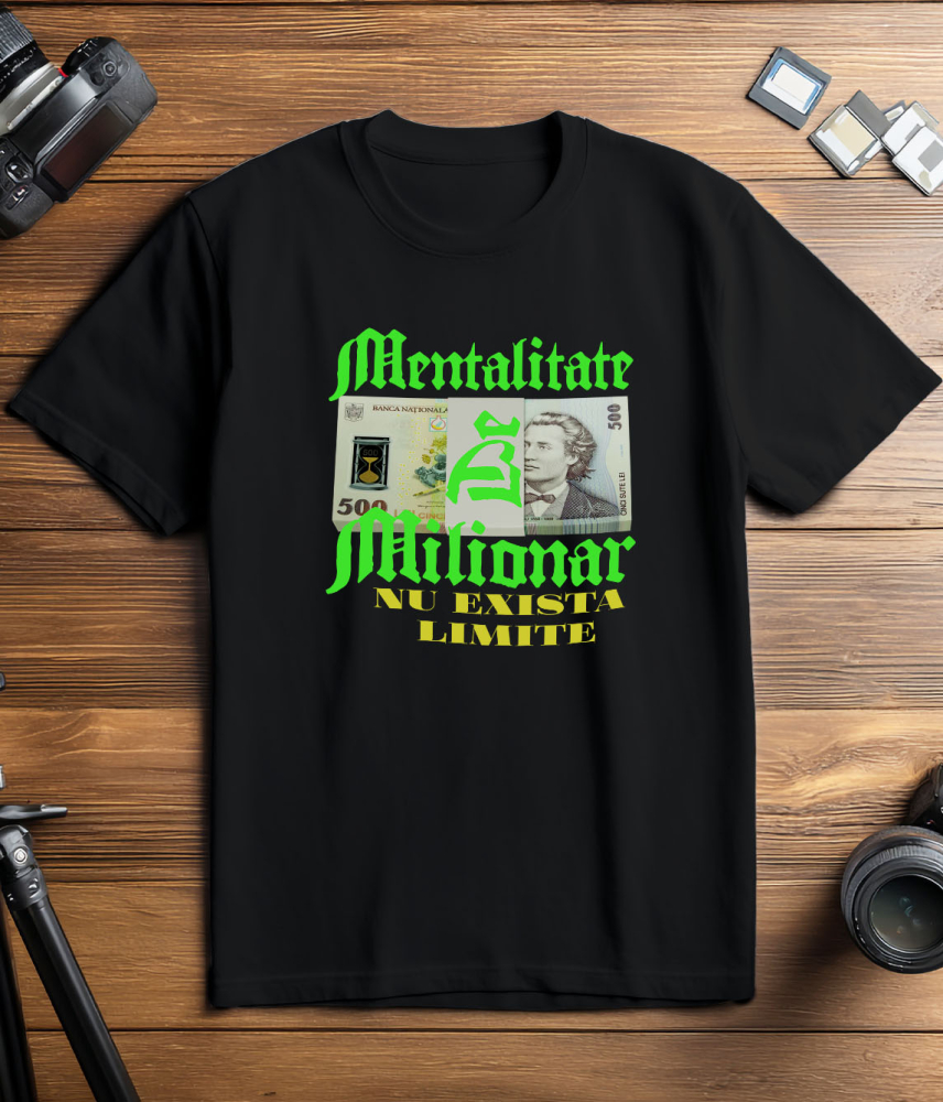 Tricou Femei, Barbati, Copii, Fata, Baiat, Unisex Personalizat Teanc cu Elastic Bancnote 500 Lei – „Mentalitate de Milionar, Nu Există Limite” – Cadou Personalizat pentru Familie, Tati, Copii, Prieteni [3]