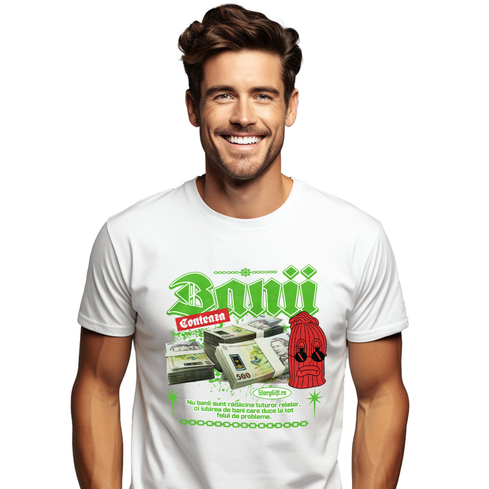 Tricou Femei, Barbati, Copii, Fata, Baiat, Unisex Personalizat Teancuri Bancnote 500 Lei cu Cagula Roșie Supărată – Cadou Personalizat „Banii Contează” pentru Familie, Copii, Tati, Prieteni [1]