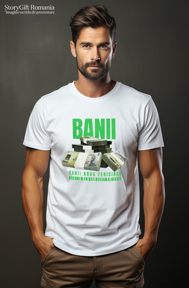 Tricou Femei, Barbati, Copii, Fata, Baiat, Unisex Personalizat Teancuri Dezordonate de Bani 500 Lei – „Banii Aduc Fericirea” – Cadou Personalizat pentru Familie, Tati, Copii, Prieteni [2]