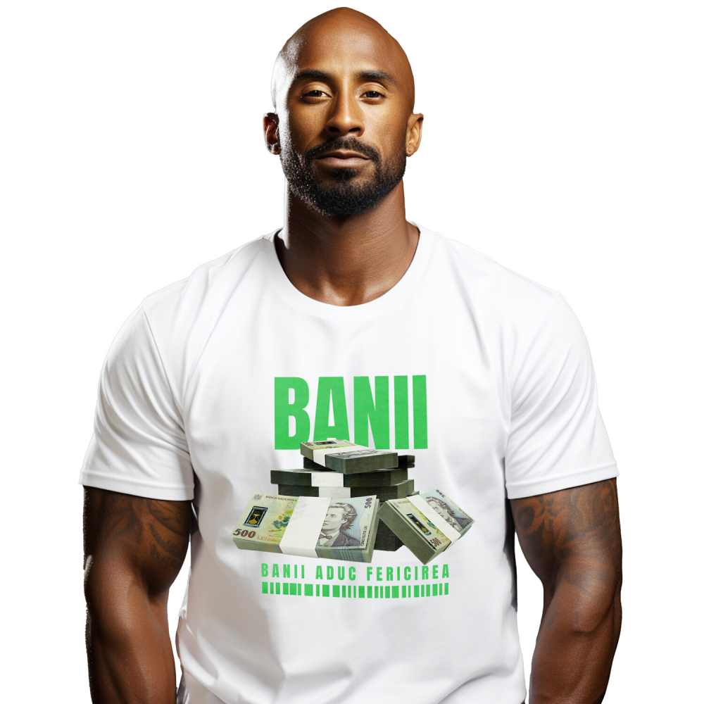 Tricou Femei, Barbati, Copii, Fata, Baiat, Unisex Personalizat Teancuri Dezordonate de Bani 500 Lei – „Banii Aduc Fericirea” – Cadou Personalizat pentru Familie, Tati, Copii, Prieteni [1]