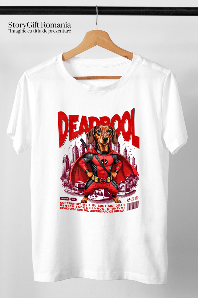 Tricou Femei, Barbati, Copii, Fata, Baiat, Unisex Personalizat Teckel / Dachshund în Costum Deadpool - Cadou Personalizat pentru Copii și Familie [3]
