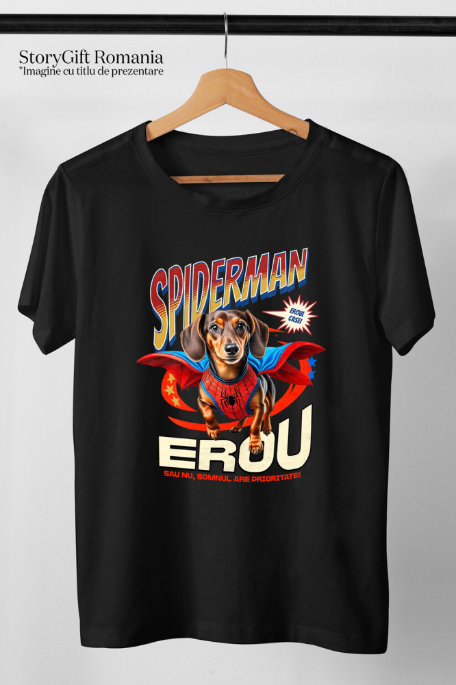 Tricou Femei, Barbati, Copii, Fata, Baiat, Unisex Personalizat Teckel (Dachshund) în Costum Spider-Man - Cadou Personalizat pentru Copii și Familie [3]