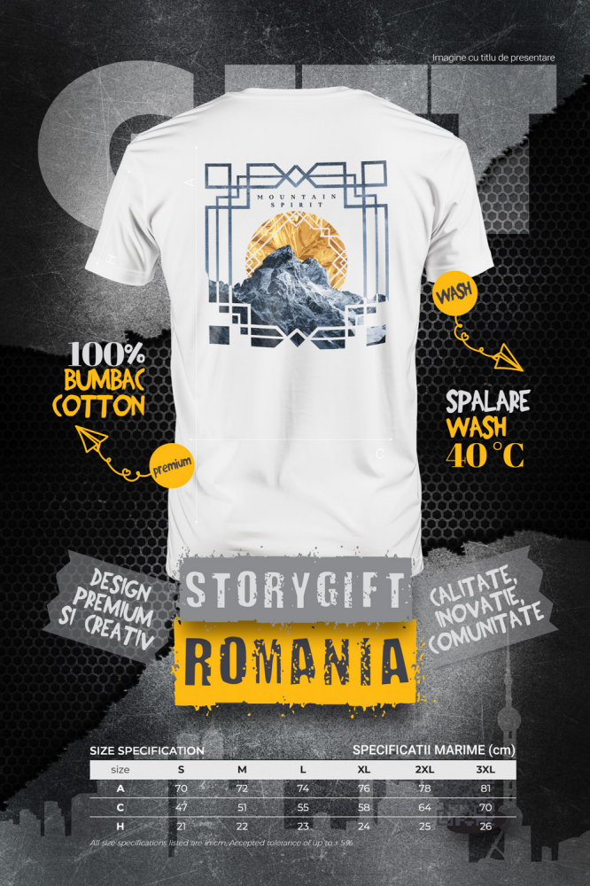 Tricou Barbati Cu Text In Engleza Mountain Spirit, Apus De Soare, Stanci Inalte, Munte, Aventura, Camping,  cu imprimeu pe Spate, 100% Bumbac,  Alb, M [2]