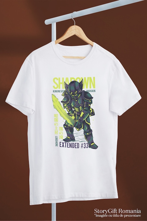 Tricou Barbati Cu Text In Engleza Shadown Knight, Cavaler Cu Sabie Stralucitoare, Armura De Metal, Iubitorii De Filme SF, cu imprimeu pe Fata, 100% Bumbac, Alb, XS [3]
