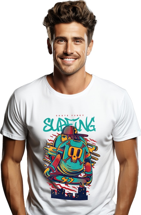 Tricou Barbati Cu Text In Engleza Surfing Baiata Pe Skateboard Tricou Cu Craniu De Mort, Sapca Rosie, cu imprimeu pe Fata, 100% Bumbac, Alb, M [1]