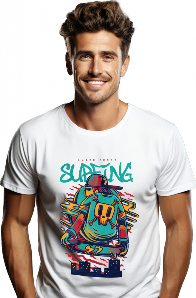 Tricou Barbati Cu Text In Engleza Surfing Baiata Pe Skateboard Tricou Cu Craniu De Mort, Sapca Rosie,  cu imprimeu pe Fata, 100% Bumbac,  Alb, XS [3]