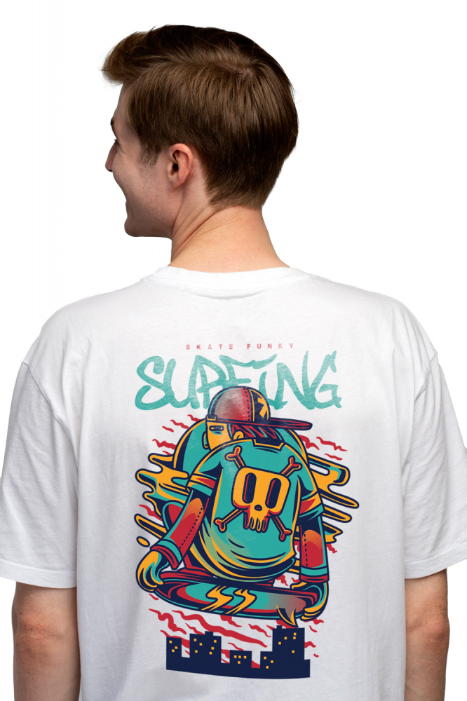 Tricou Barbati Cu Text In Engleza Surfing Baiata Pe Skateboard Tricou Cu Craniu De Mort, Sapca Rosie,  cu imprimeu pe Spate, 100% Bumbac,  Alb, S [4]