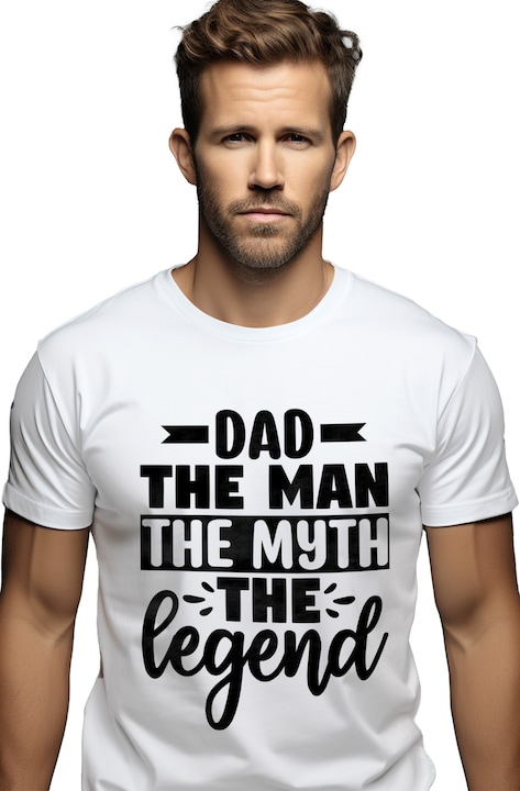 Tricou Barbati cu textul "Dad, the man, the myth, the legend" - tata barbatul mitul legenda cu imprimeu pe Fata, 100% Bumbac, Alb, L [1]