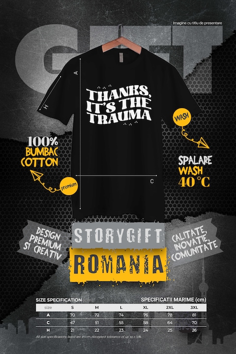 Tricou Barbati cu textul in engleza "Thanks, it's the trauma" - mersi este trauma cu imprimeu pe Fata, 100% Bumbac, Negru, XS [3]