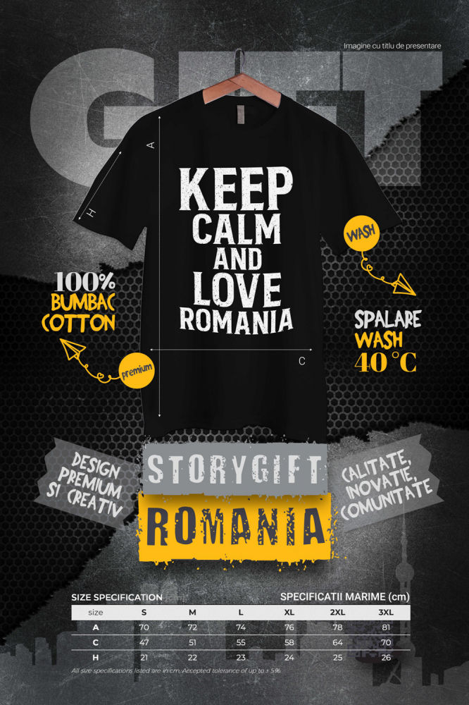 Tricou Barbati cu textul "Pastreaza-ti calmul si iubeste Romania" - tricolor cu imprimeu pe Fata, 100% Bumbac, Negru, S [2]
