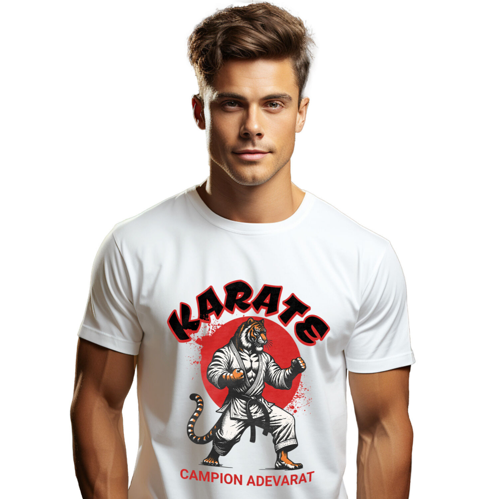 Tricou Femei, Barbati, Copii, Fata, Baiat, Unisex Personalizat Tigru în Costum de Arte Marțiale – Karate, Lupta de Contact, Motivație Sportivă [1]