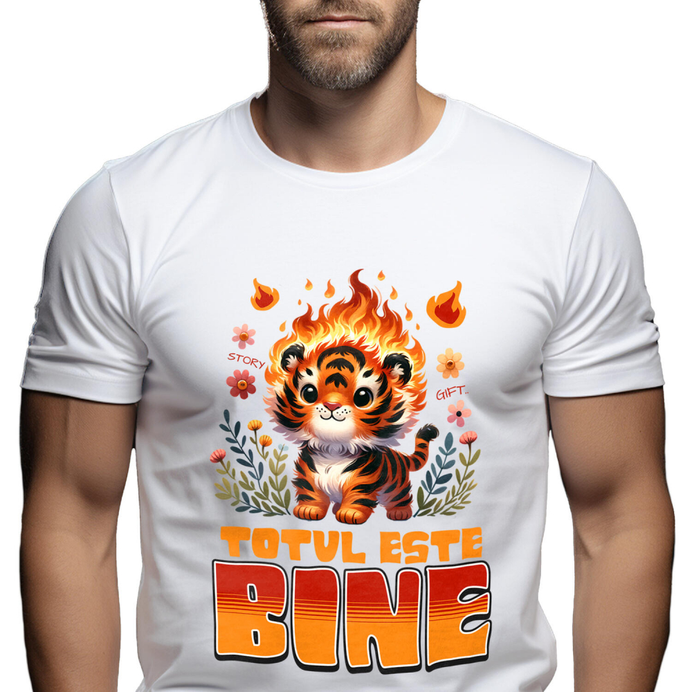 Tricou Femei, Barbati, Copii, Fata, Baiat, Unisex Personalizat Tigru Pui Animat în Flăcări și Flori Colorate - Cadouri Ironic Optimiste pentru Familie și Copii [1]