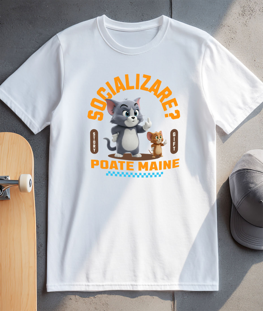 Tricou Barbati cu Tom si Jerry: Aventuri Pe Skateboard , Degetul Mijlociu, Socializare? Poate maine, Anti-social 100% Bumbac, Alb, M [3]