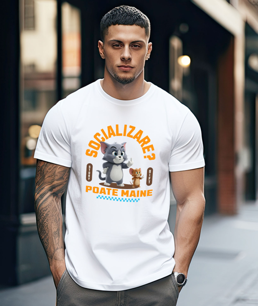 Tricou Barbati cu Tom si Jerry: Aventuri Pe Skateboard , Degetul Mijlociu, Socializare? Poate maine, Anti-social 100% Bumbac, Alb, M [2]