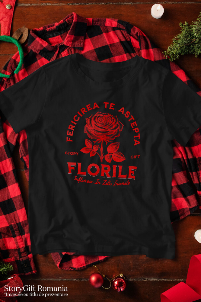Tricou Femei, Barbati, Copii, Fata, Baiat, Unisex Personalizat Trandafir Roșu și Mesaj de Fericire | Cadou Romantic cu Flori Înflorite [3]