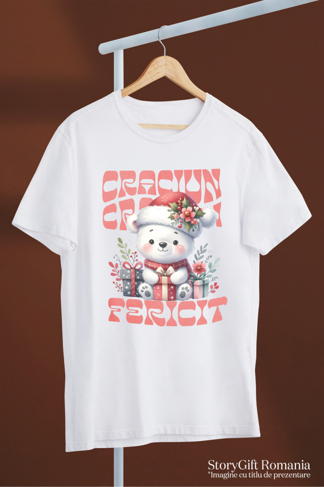 Tricou Femei, Barbati, Copii, Fata, Baiat, Unisex Personalizat Urs Alb cu Fular și Căciulă Moș Crăciun – Cadouri Colorate pentru un Crăciun Fericit [3]
