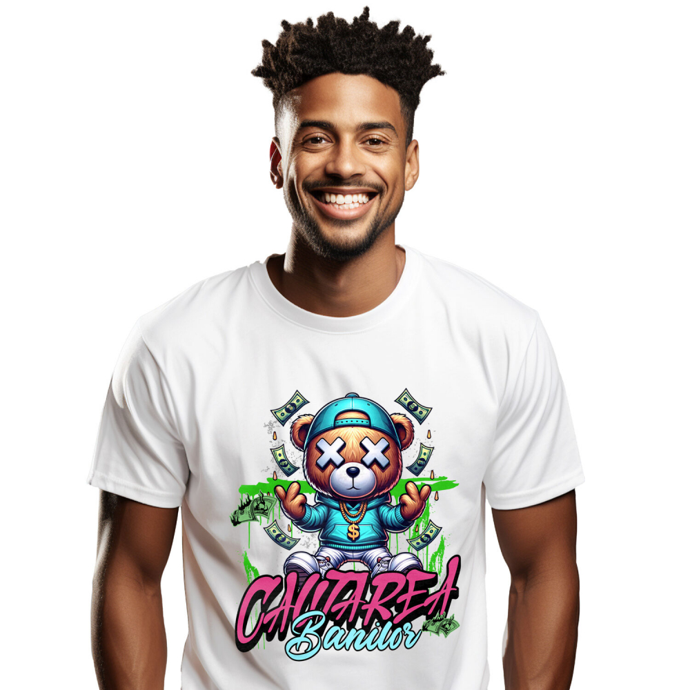 Tricou Femei, Barbati, Copii, Fata, Baiat, Unisex Personalizat Urs de Plus Stil Gangster cu Bancnote în Zbor – „În Căutarea Banilor” – Cadou Personalizat pentru Familie, Tati, Copii, Prieteni [1]