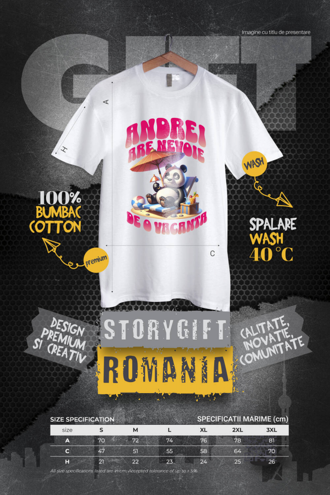 Tricou Femei, Barbati, Copii, Fata, Baiat, Unisex Personalizat "Produse personalizate pentru vacanță – Urs panda pufos pe plajă cu text 'Andrei are nevoie de o vacanță'" [4]