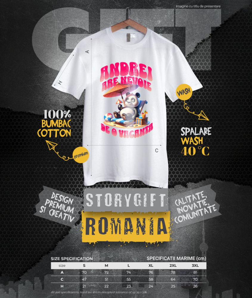 Tricou Femei, Barbati, Copii, Fata, Baiat, Unisex Personalizat "Produse personalizate pentru vacanță – Urs panda pufos pe plajă cu text 'Andrei are nevoie de o vacanță'" [4]